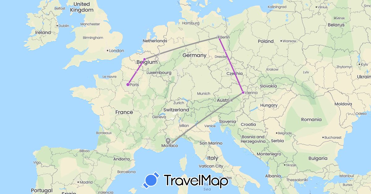 TravelMap itinerary: driving, plane, train in Austria, Belgium, Germany, France (Europe)